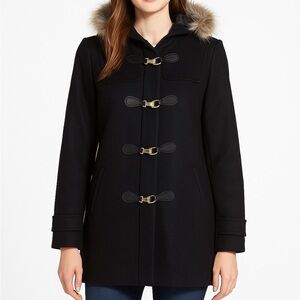 Cole Haan Signature Wool Blend Toggle Coat w/ Faux Fur Hood – Size 10 Black